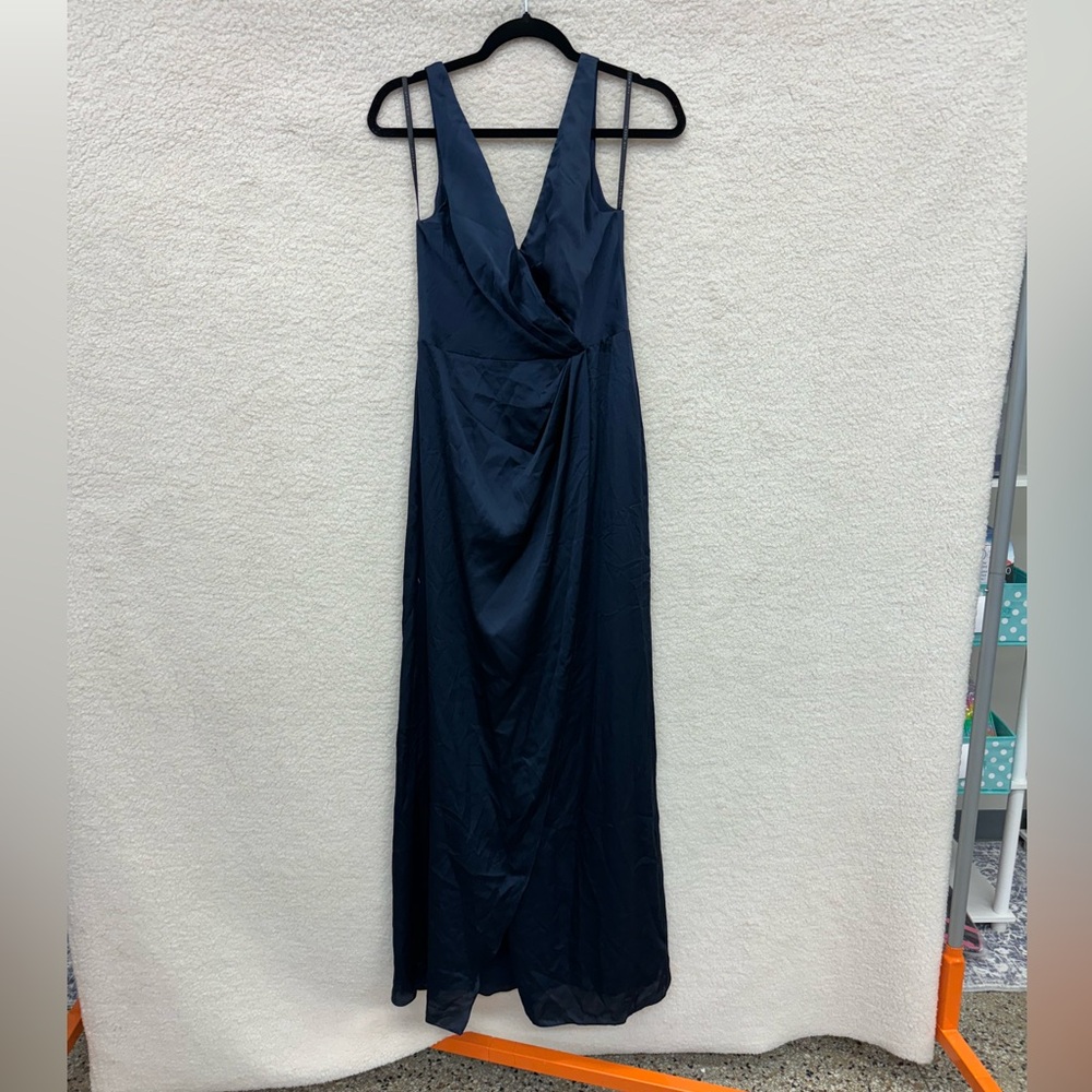 *Size 2 - AFTER SIX - Faux Wrap Satin Maxi Dress Tulip Skirt Navy Blue NEW $261 - Picture 3 of 13